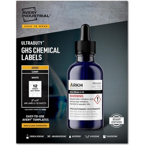 image:imageAvery UltraDuty GHS Chemical Labels for Laser Printers Waterproof UV Resistant 2 x 2 600 Pack 605061