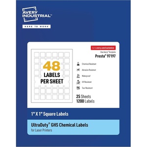 image:imageAvery UltraDuty GHS Labels Waterproof 1 X 1 White Square Labels  1200 Total Use with Laser Printers1 X 1