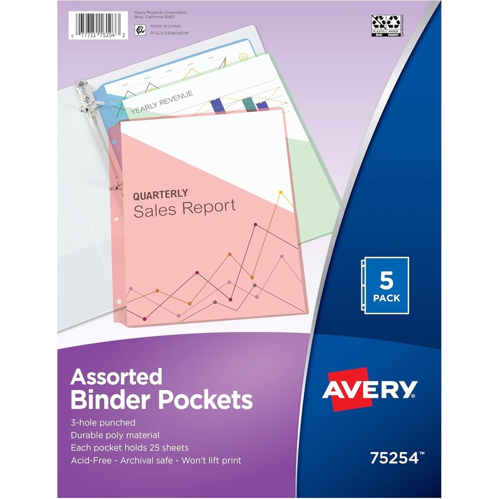 image:imageAvery Binder Pockets for 3 Ring Binders Assorted Colors Fits 85 x 11 Documents AcidFree and ArchivalSafe 5 Folders Total 752545 Count Pack of 1