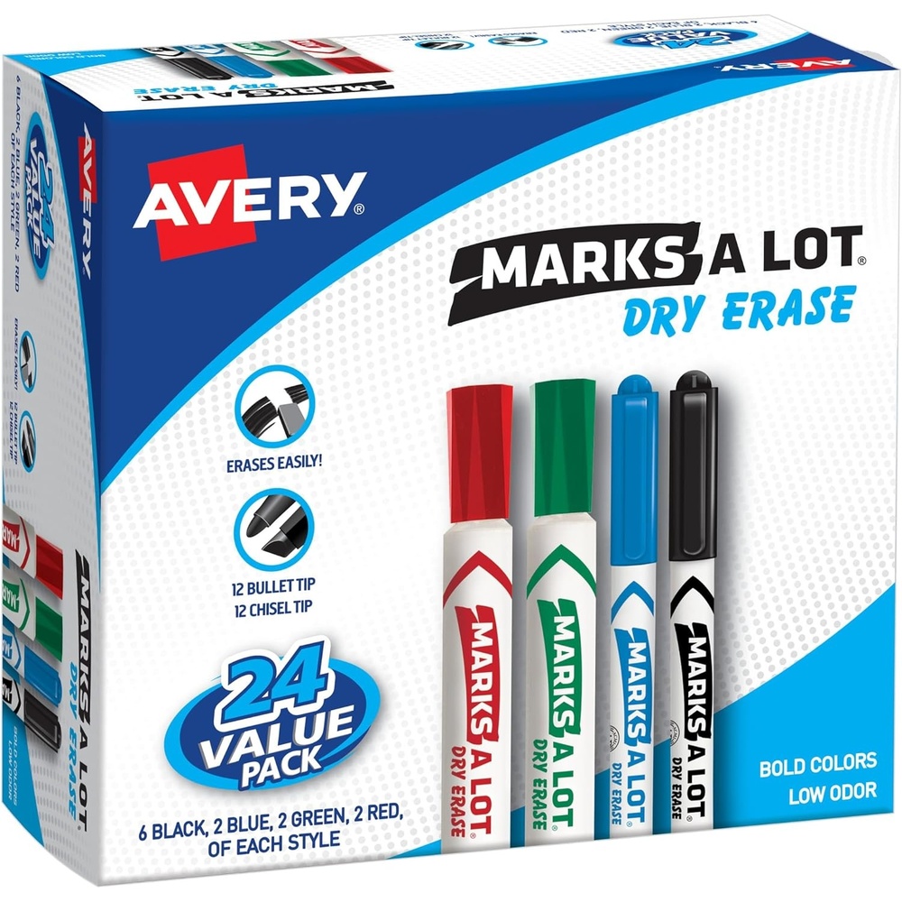 image:imageAvery Marks A Lot Value Pack Dry Erase Markers White Board Markers ChiselBullet 24 Assorted Colors 29870