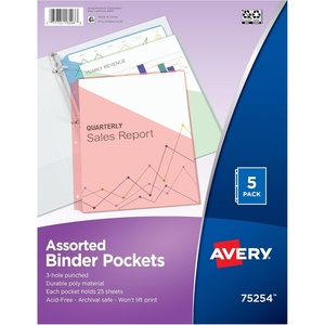 image:imageAvery Binder Pockets for 3 Ring Binders Assorted Colors Fits 85 x 11 Documents AcidFree and ArchivalSafe 5 Folders Total 752545 Count Pack of 1