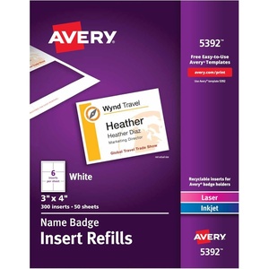 image:imageAvery Customizable Name Badge Inserts for Name Tag Holders 3 x 4 White LaserInkjet Printable 300 Total 5392300