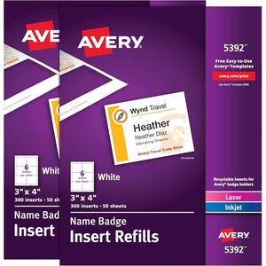 image:imageAvery Customizable Name Badge Inserts for Name Tag Holders 3 x 4 White LaserInkjet Printable 300 Total 5392600
