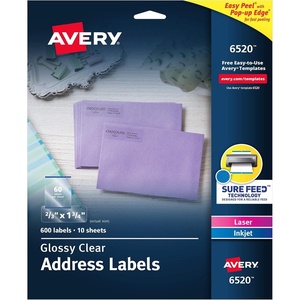 image:imageAvery Glossy Clear Address Labels Sure Feed Technology LaserInkjet 23 x 134 600 Labels 5 Packs 6520