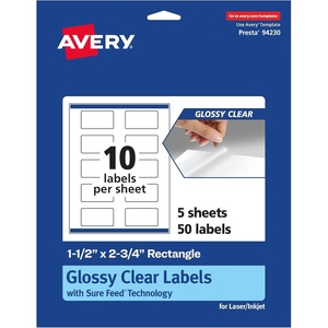 image:imageAvery Glossy Clear Rectangle Labels Sure Feed Technology 15 x 275 50 Glossy Clear Labels PrinttoTheEdge LaserInkjet Printable50 labels