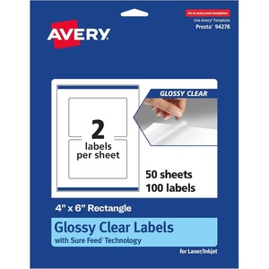 image:imageAvery Glossy Clear Rectangle Labels Sure Feed Technology 4 x 6 20 Glossy Clear Labels PrinttoTheEdge LaserInkjet Printable100 labels