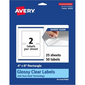 image:imageAvery Glossy Clear Rectangle Labels Sure Feed Technology 4 x 6 20 Glossy Clear Labels PrinttoTheEdge LaserInkjet Printable50 labels