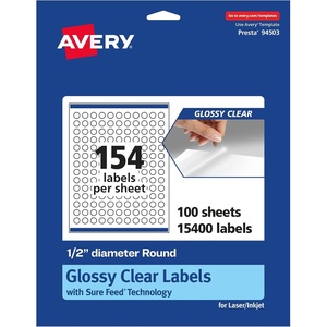 image:imageAvery Glossy Clear Round Labels Sure Feed Technology 05 Diameter 1540 Glossy Clear Labels PrinttoTheEdge LaserInkjet Printable15 400 labels