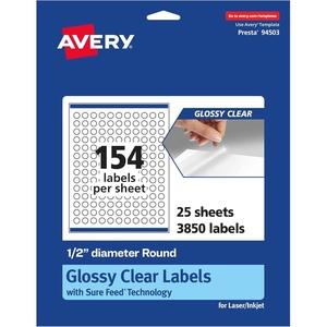 image:imageAvery Glossy Clear Round Labels Sure Feed Technology 05 Diameter 1540 Glossy Clear Labels PrinttoTheEdge LaserInkjet Printable3 850 labels