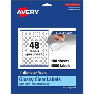 image:imageAvery Glossy Clear Round Labels Sure Feed Technology 1 Diameter 240 Glossy Clear Labels PrinttoTheEdge LaserInkjet Printable4 800 labels