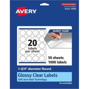 image:imageAvery Glossy Clear Round Labels Sure Feed Technology 175 Diameter 200 Glossy Clear Labels PrinttoTheEdge LaserInkjet Printable1 000 labels