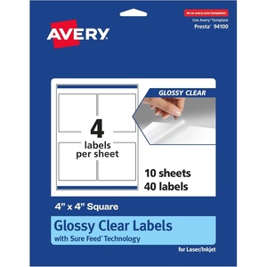 image:imageAvery Glossy Clear Square Labels Sure Feed Technology 4 x 4 100 Glossy Clear Labels LaserInkjet Printable40 labels