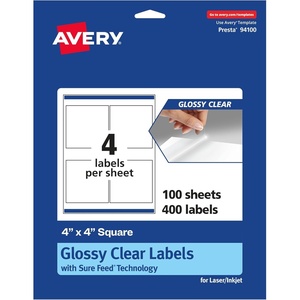 image:imageAvery Glossy Clear Square Labels Sure Feed Technology 4 x 4 100 Glossy Clear Labels LaserInkjet Printable400 labels