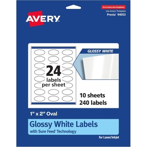 image:imageAvery Glossy White Oval Labels Sure Feed Technology 1 x 2 240 Glossy White Labels PrinttoTheEdge Permanent Adhesive LaserInkjet Printable240 labels