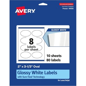 image:imageAvery Glossy White Oval Labels Sure Feed Technology 2 x 313 80 Glossy White Labels PrinttoTheEdge Permanent Adhesive LaserInkjet Printable80 labels