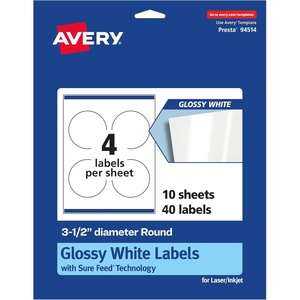 image:imageAvery Glossy White Round Labels Sure Feed Technology 35 Diameter 40 Glossy White Labels PrinttoTheEdge Permanent Adhesive LaserInkjet Printable40 labels