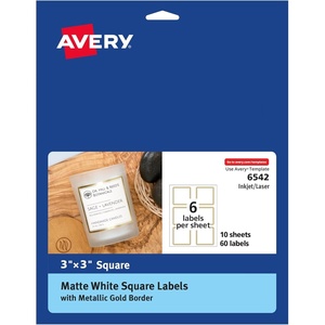 image:imageAvery Matte White Labels Metallic Gold Borders 3 x 3 Square Labels 60 Total LaserInkjet Printable 65420