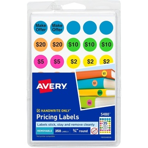 image:imageAvery Preprinted Removable Pricing Labels 34 Inch Round Labels Assorted Neon Colors NonPrintable 350 Pricing Stickers Total 5480