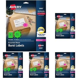 image:imageAvery Printable Burst ID Labels with Sure Feed 214 Diameter Assorted Neon Colors Magenta Green and Yellow Laser amp Inkjet Compatible 180 Blank Labels Total 5995One Size Pack of 5