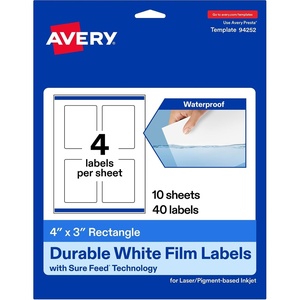 image:imageAvery Printable Durable White Rectangle Labels Sure Feed Technology 4 x 3 PrinttotheEdge Waterproof Labels Laser amp PigmentBased Inkjet Compatible 100 Total40 labels