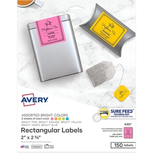 image:imageAvery Printable Labels Sure Feed Technology 2 x 258 Assorted Bright Colors Pink Blue Green Yellow and Orange Laser amp Inkjet Compatible 150 Blank Labels Total 43312 x 258 Pack of 6