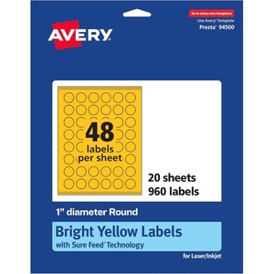 image:imageAvery Printable Round Labels Sure Feed Technology 1 Diameter Bright Yellow Labels PrinttoTheEdge LaserInkjet 480 Total Great for Price Stickers and Mailing Seals960 labels