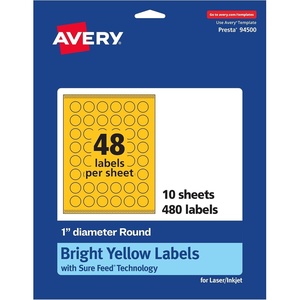 image:imageAvery Printable Round Labels Sure Feed Technology 1 Diameter Bright Yellow Labels PrinttoTheEdge LaserInkjet 480 Total Great for Price Stickers and Mailing Seals480 labels