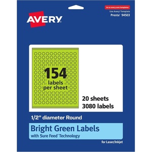 image:imageAvery Printable Round Labels Sure Feed Technology 12 Diameter Bright Green Labels PrinttoTheEdge LaserInkjet 1540 Total Great for Price Stickers and Mailing Seals3 080 labels