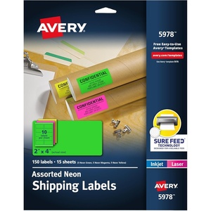 image:imageAvery Printable Shipping Labels with Sure Feed 2 x 4 Assorted Neon Colors Magenta Green Yellow Laser amp Inkjet Compatible 150 Blank Labels Total 5978