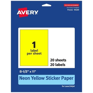 image:imageAvery Printable Sticker Paper 812 x 11 FullSheet Labels Neon Yellow Labels LaserInkjet Printable 20 Total Great for Packaging and Stickers20 labels