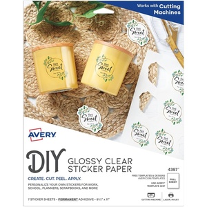 image:imageAvery Printable Sticker Paper 85 x 11 Glossy Clear Permanent Adhesive LaserInkjet Compatible 7 FullSize Label Sheets Great for Product Branding Cute Stickers Custom Signs and More 439785 x 11