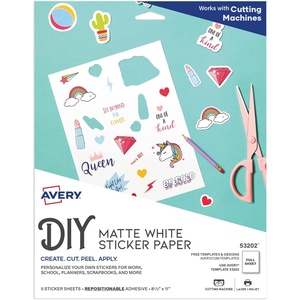 image:imageAvery Printable Sticker Paper 85 x 11 Matte White Repositionable Adhesive LaserInkjet Compatible 5 FullSize Label Sheets Great for Product Branding Cute Stickers Crafts and More 53202Matte White