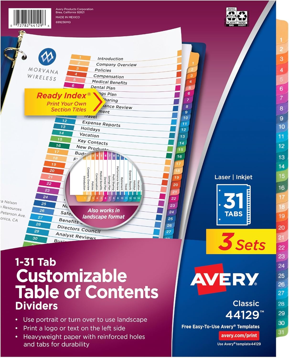 image:imageAvery 131 Dividers for 3 Ring Binders 31 Tabs per Set Customizable Table of Contents Multicolor Tabs Great for Organizing Reports Projects and More 12 Sets of 11129Divider