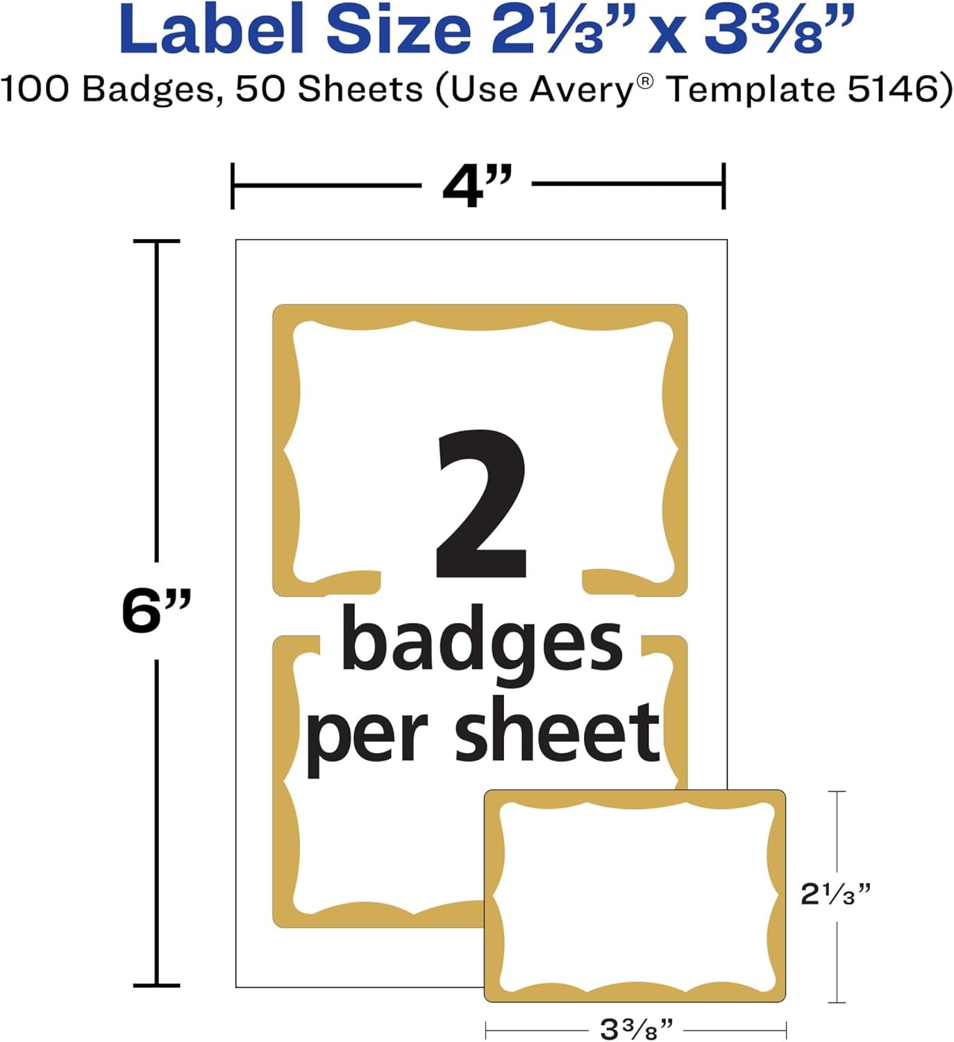 image:imageAvery Customizable Name Tags 213 x 338 White with Blue Border 6 Packs of 100 600 Removable Name Badges Total 44144Gold Border