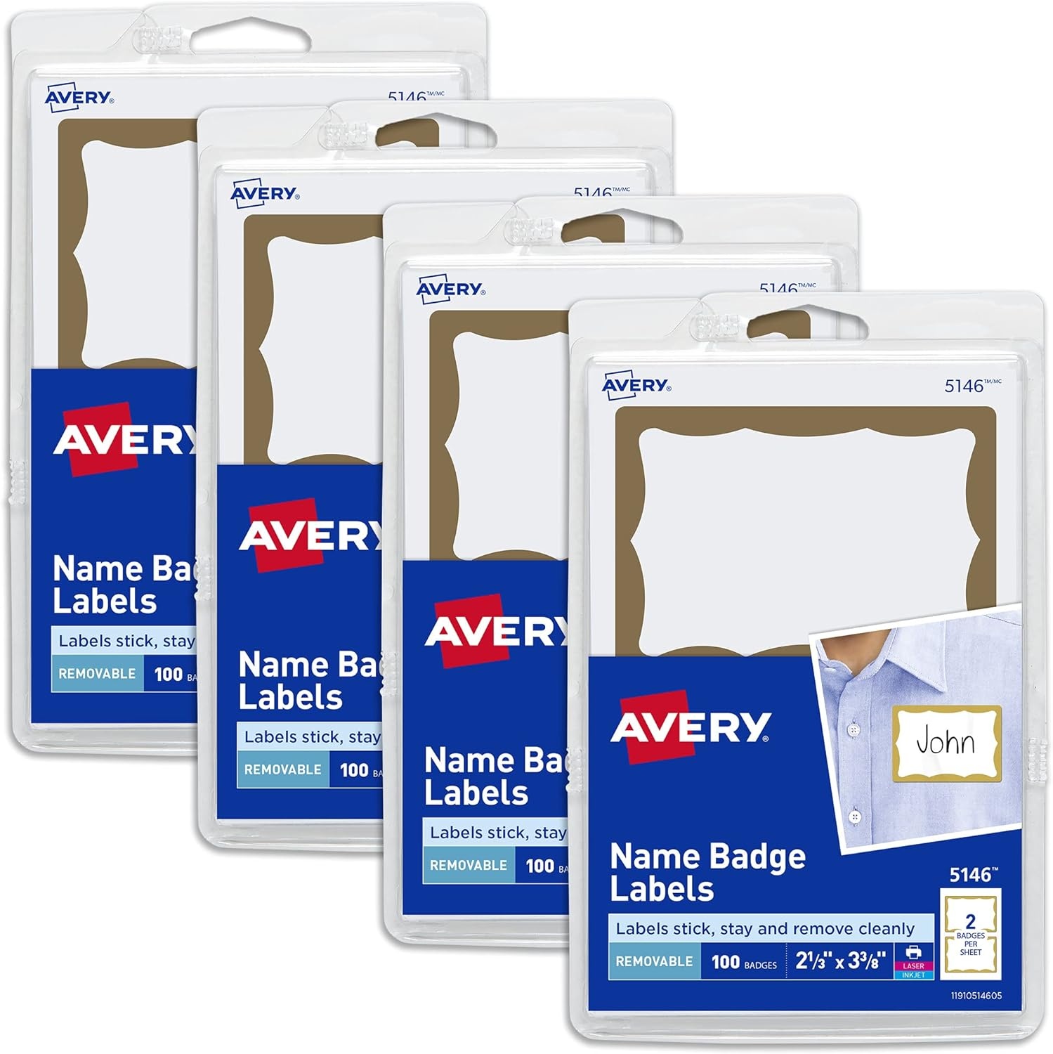 image:imageAvery Customizable Name Tags 213 x 338 White with Blue Border 6 Packs of 100 600 Removable Name Badges Total 44144Gold Border