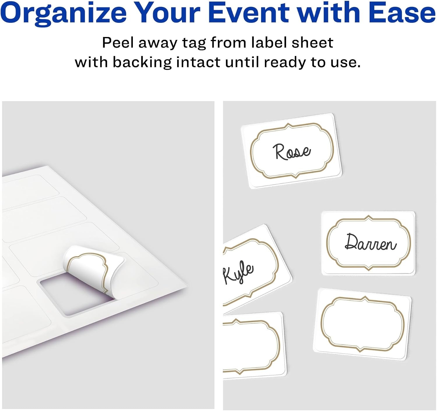 image:imageAvery Flexible Printable Name Tags 213 x 338 White with Gold Border 120 Removable Name Badges 08720