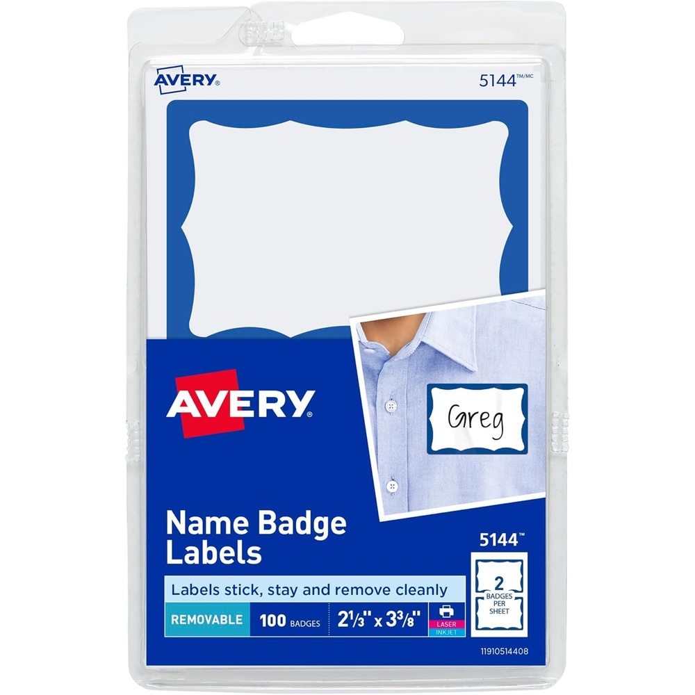 image:imageAvery Customizable Name Tags 213 x 338 White with Blue Border 6 Packs of 100 600 Removable Name Badges Total 44144Blue Border