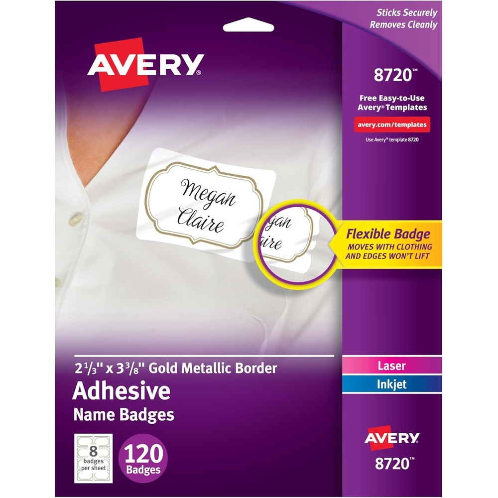 image:imageAvery Flexible Printable Name Tags 213 x 338 White with Gold Border 120 Removable Name Badges 08720