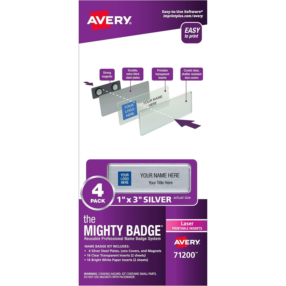 image:imageThe Mighty Badge by Avery 1 x 3 Silver Name Tags 4 ID Badges 32 Inserts for Laser Printers 712004 Badges