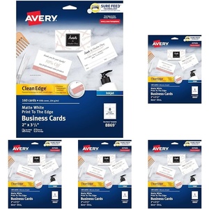 image:imageAvery Clean Edge Printable Business Cards with Sure Feed Technology 2 x 35 White 160 Blank Cards for Inkjet Printers 8869160 Cards Pack of 5