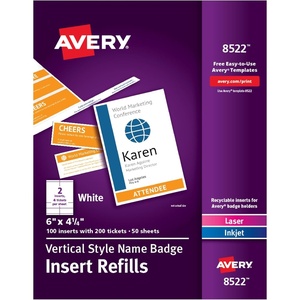 image:imageAvery Customizable Name Badges 6 x 425 LaserInkjet Printable Inserts Including Tickets 25 Vertical Name Tag Holders Includes Lanyards 8520100