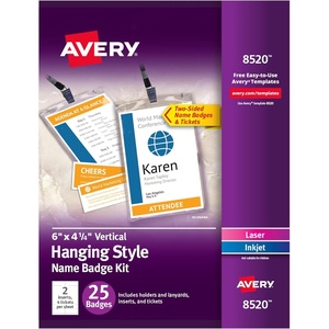 image:imageAvery Customizable Name Badges 6 x 425 LaserInkjet Printable Inserts Including Tickets 25 Vertical Name Tag Holders Includes Lanyards 852025