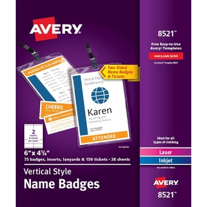 image:imageAvery Customizable Name Badges 6 x 425 LaserInkjet Printable Inserts Including Tickets 25 Vertical Name Tag Holders Includes Lanyards 852075
