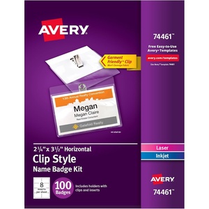 image:imageAvery Customizable Name Badges Clip Style 225 x 35 Clear Name Tag Holders White LaserInkjet Printable Inserts 100 Total 74461100 badges  inserts