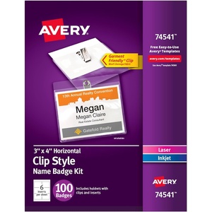 image:imageAvery Customizable Name Badges Clip Style 3 x 4 Clear Name Tag Holders White LaserInkjet Printable Inserts 50 Total 74536100 badges  inserts