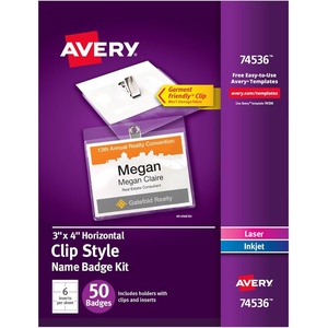 image:imageAvery Customizable Name Badges Clip Style 3 x 4 Clear Name Tag Holders White LaserInkjet Printable Inserts 50 Total 7453650 badges  inserts