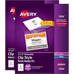 image:imageAvery Customizable Name Badges Clip Style 3 x 4 Clear Name Tag Holders White LaserInkjet Printable Inserts 50 Total 7453680 badges  inserts