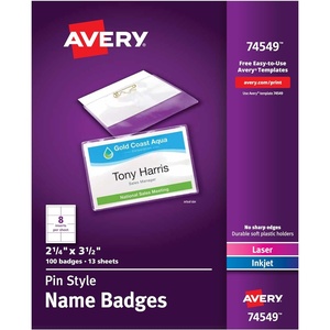 image:imageAvery Customizable Name Badges Pin Style 225 x 35 Clear Name Tag Holders White LaserInkjet Printable Inserts 100 Total 74549100 badges  inserts