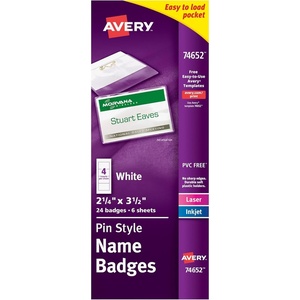image:imageAvery Customizable Name Badges Pin Style 225 x 35 Clear Name Tag Holders White LaserInkjet Printable Inserts 100 Total 74549200 badges  inserts