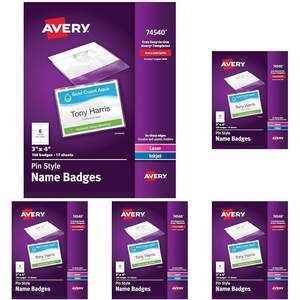image:imageAvery Customizable Name Badges Pin Style 225 x 35 Clear Name Tag Holders White LaserInkjet Printable Inserts 100 Total 74549holders  inserts